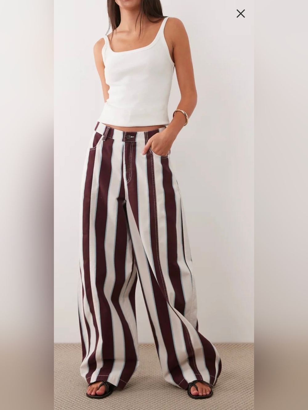 Striped High-Waist Pants in BROWN, White & Light Blue